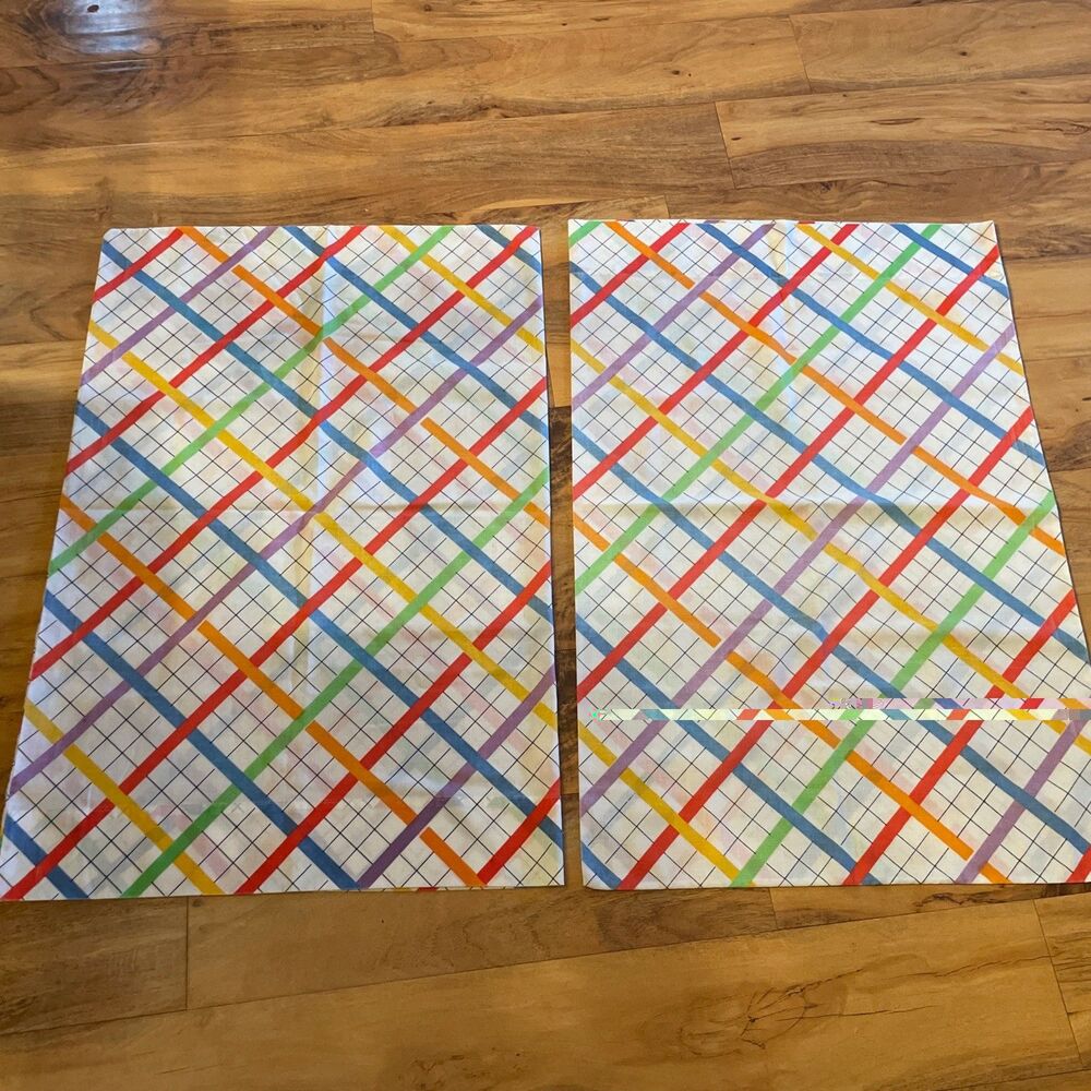 Vintage Morgan Jones Rainbow Grid Plaid Standard Pillowcase Set of 2 No Iron